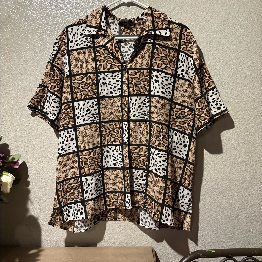 Women’s Brown and White Animal Patterned Shirt Funky Retro Bohemian Safari Warm